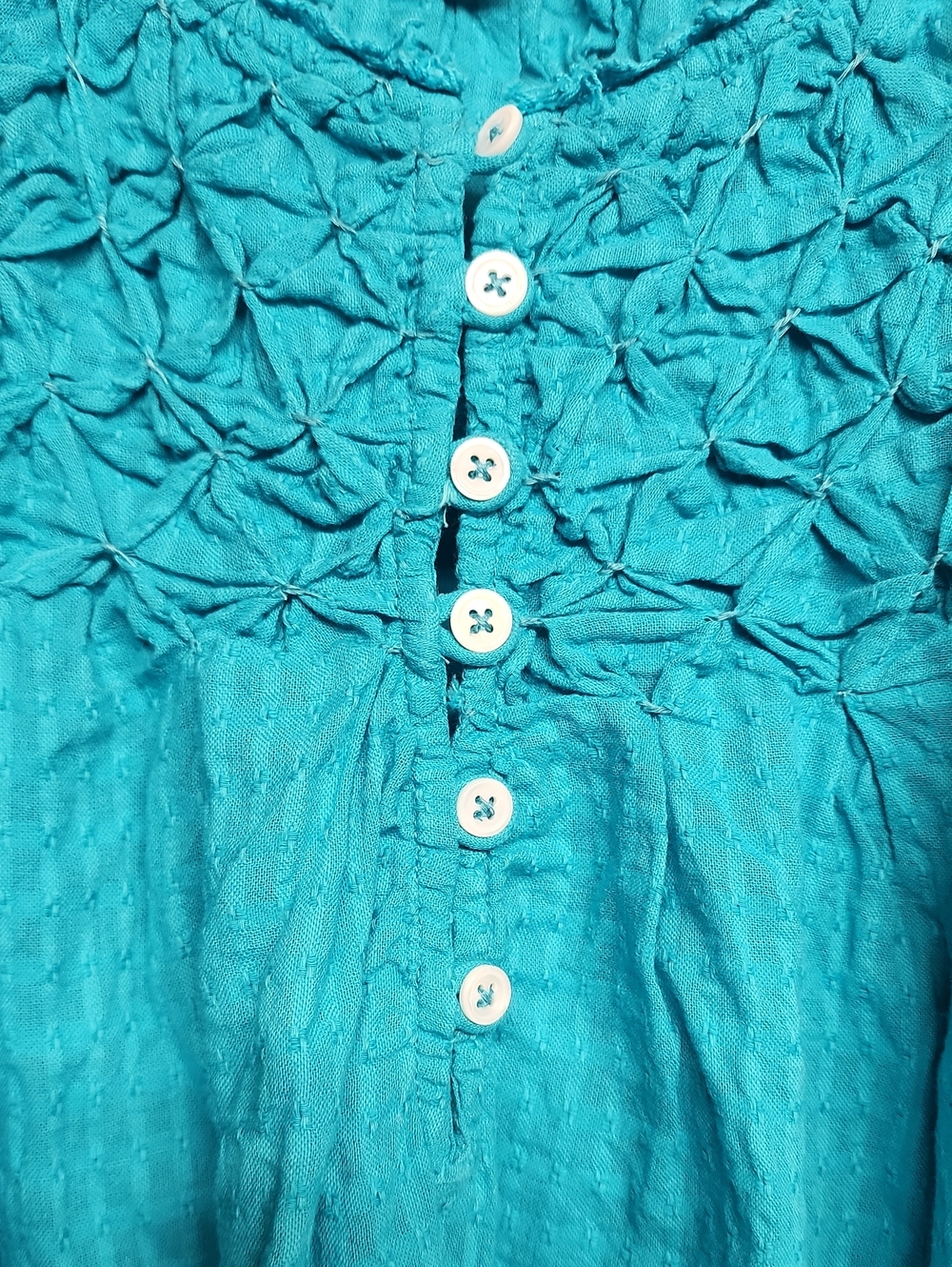SUNDANCE Teal Smocked Button Peasant Top XXL Adorable Feminine Beautiful Boho - Picture 4 of 9
